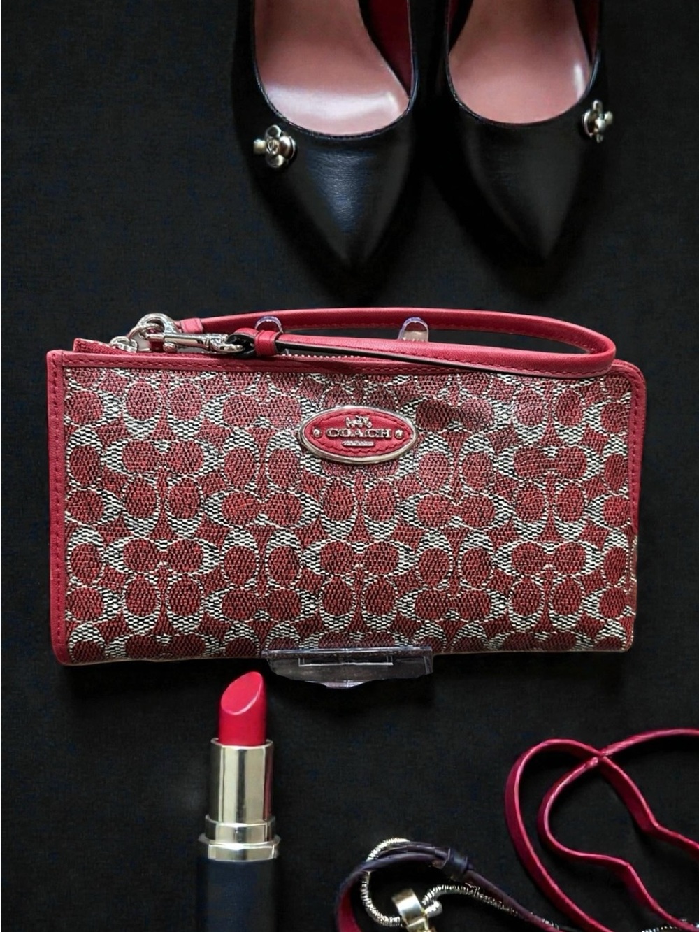 Coach Red Signature Canvas Wristlet with Leather Trim